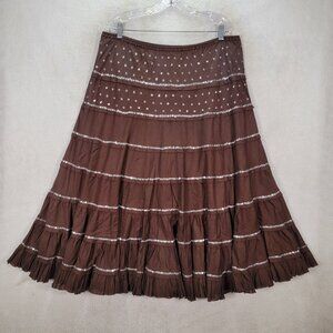 NWT Sweet Lady Brown Cotton Tiered Ruffle Sequin Pull On Low Waist Flowy Midi